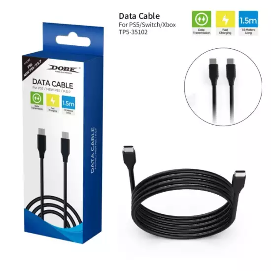 Dobe Charging and Data Cable, Fast Charging, 1.5m, Compatible with PlayStation 5, Black, TP5-35102 (Used)