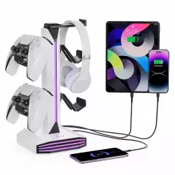 DeadSkull RGB Headphone Stand – Controller Holder with USB & Type-C (White)