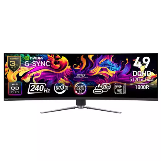 MSI MPG 491CQPX QD-OLED 49-inch QD-OLED 5120 x 1440 (DQHD) Computer Monitor, 240Hz, Adaptive-Synch, HDMI, Display Port, VGA Port, VESA Mountable, Tilt, Height Adjustable, Speaker, 0.03ms
