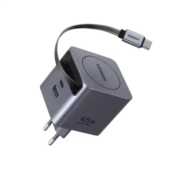 UGREEN Nexode Pro X614 45W GaN USB-C Wall Charger with Retractable Cable - Silver | 65822 UGREEN Nexode Pro X614 45W GaN USB-C Wall Charger with Retractable Cable - Silver | 65822