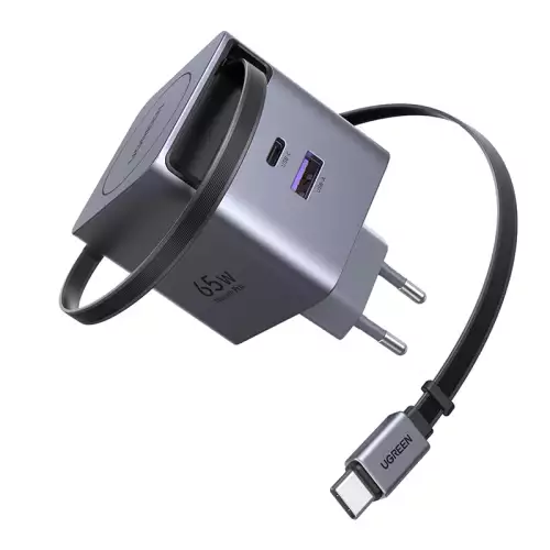 UGREEN 65W GaN Fast Charger with Retractable USB-C Cable, 2x USB-C + 1x USB-A - Grey | 65825