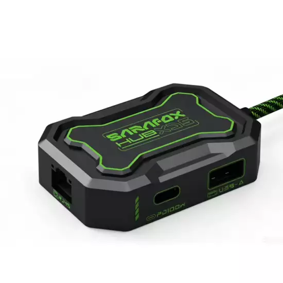Sarafox 5-in-1 USB-C Gaming Hub – Gigabit RJ45 Ethernet, 3.5mm Audio & 100W PD Charging