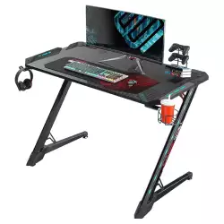 EUreka Ergonomic Z1S-Pro Gaming Desk 44.5" Z Shaped Gaming Desk Office Pc Computer Gamer Desks Pro Rgb Led Lights With Drink Holder Headphone Hook And Mouse Pad